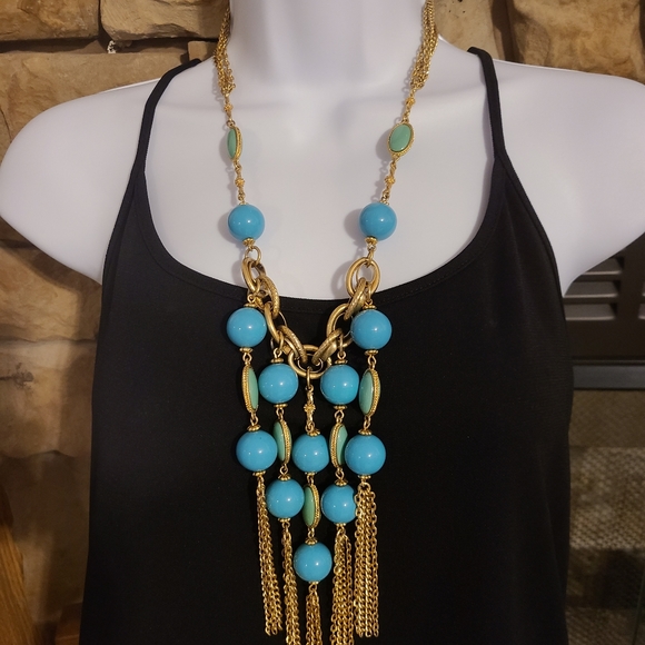 Jewelry - Golden Tassels & Faux Turquoise Statement Necklace